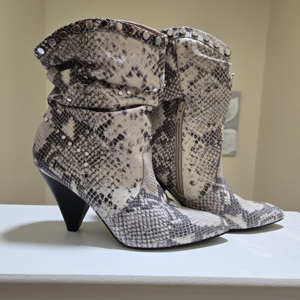 BCBG Black and White Snakeskin Heeled Boots